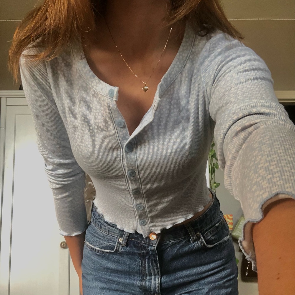 blue long sleeve shirt with floral print and buttons